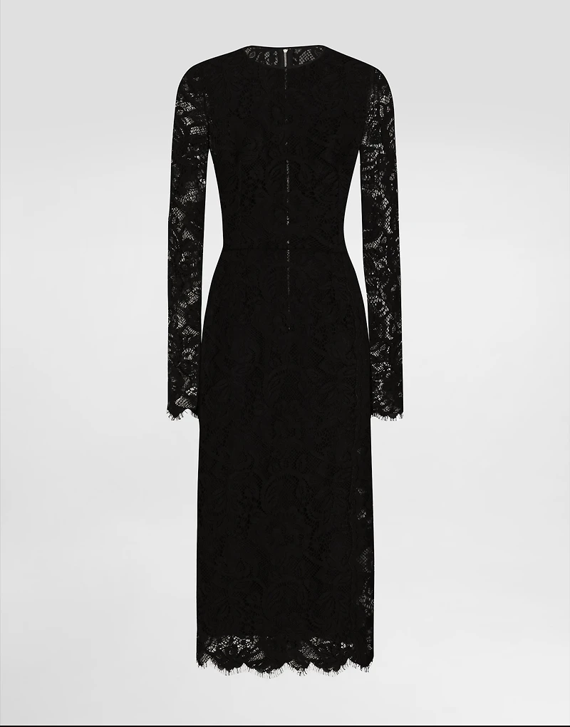 Flared calf-length floral lace dress with contrasting lining