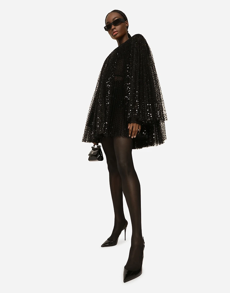 Short pleated dress with full sequined sleeves