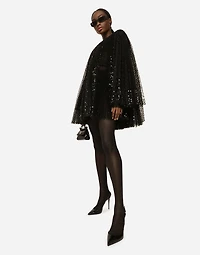 Short pleated dress with full sequined sleeves