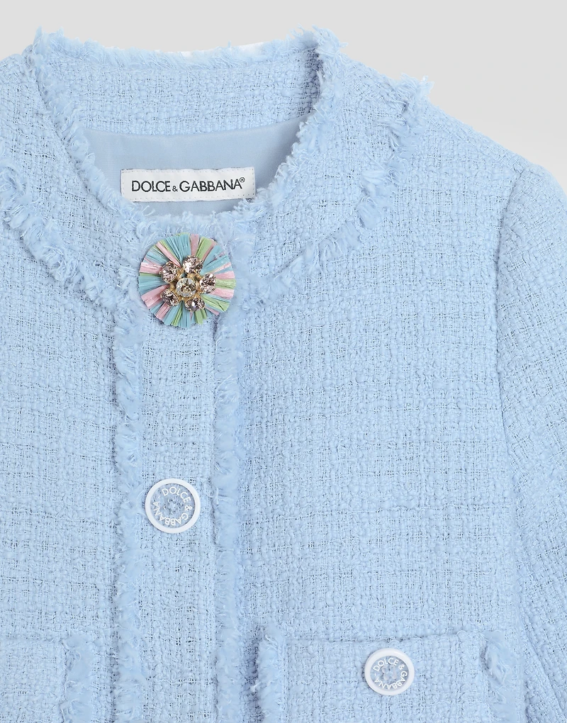 Single-breasted raschel tweed jacket with bejeweled buttons