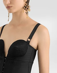Lace and elasticated fabric bodysuit with deep neckline conical cups