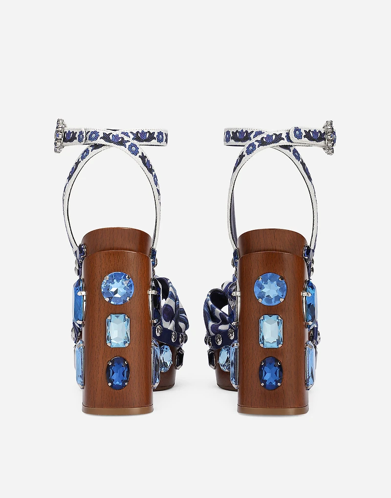 Majolica-print canvas wedge sandals with gemstones