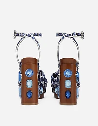 Majolica-print canvas wedge sandals with gemstones