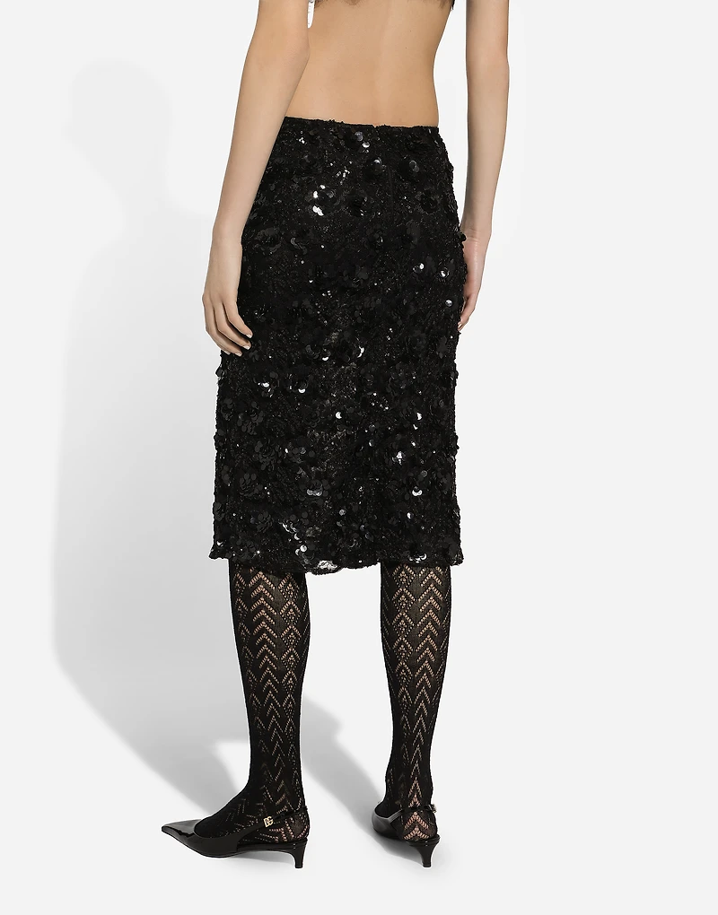 Lace calf-length skirt with all-over sequins