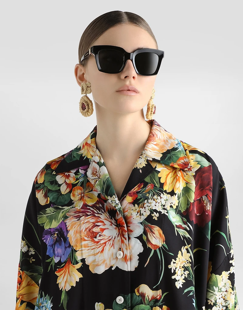 Flower bouquet-print charmeuse shirt
