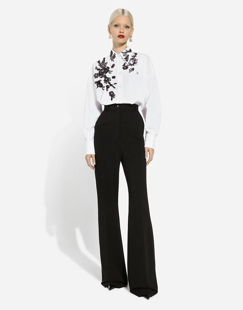 Oversize cotton shirt with lace appliqués