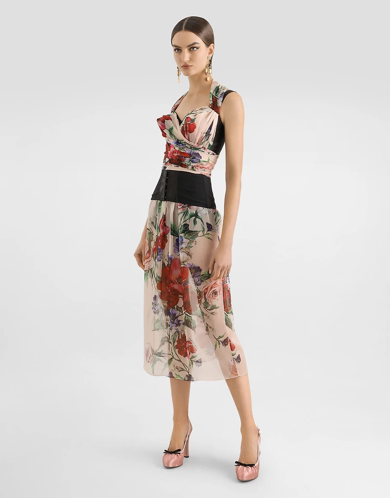 Marquisette and chiffon corset top with floral print