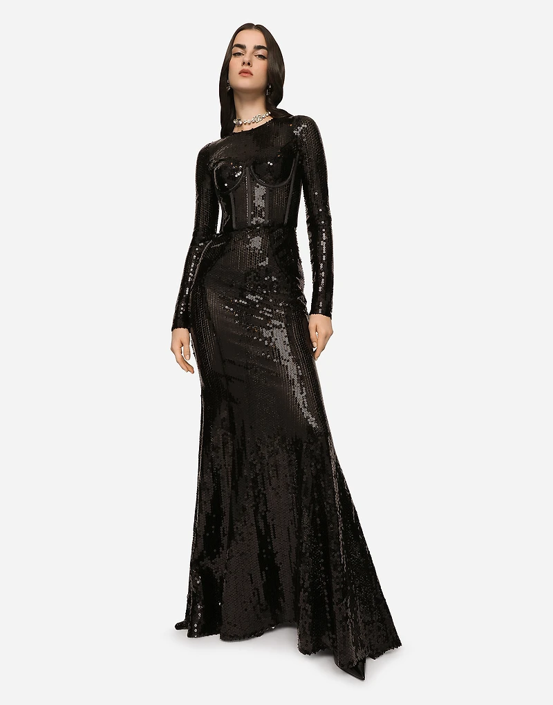 Long sequined dress with corset detailing