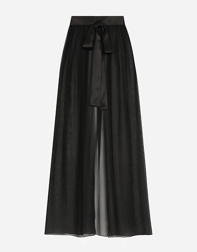 Long silk chiffon skirt with belt