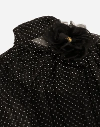 Long silk chiffon dress with polka-dot print, a pussy-bow detail and flower on neck