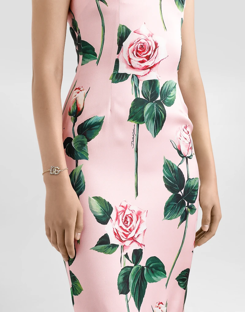 Satin calf-length sheath dress with rose print