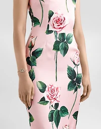 Satin calf-length sheath dress with rose print