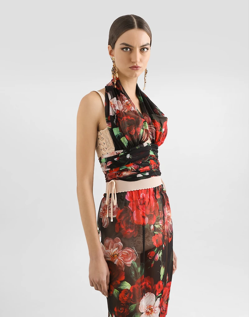 Marquisette and chiffon corset top with floral print