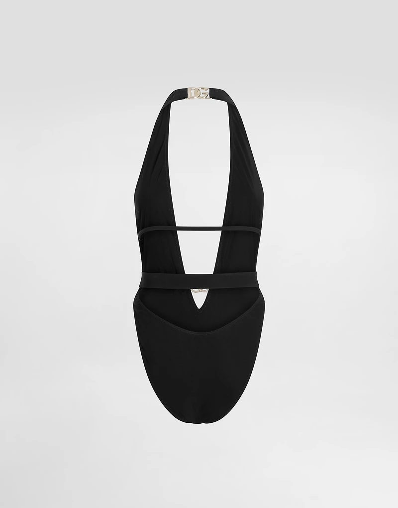 One-piece swimsuit with plunging neck and belt
