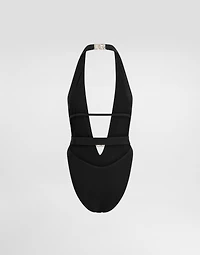 One-piece swimsuit with plunging neck and belt