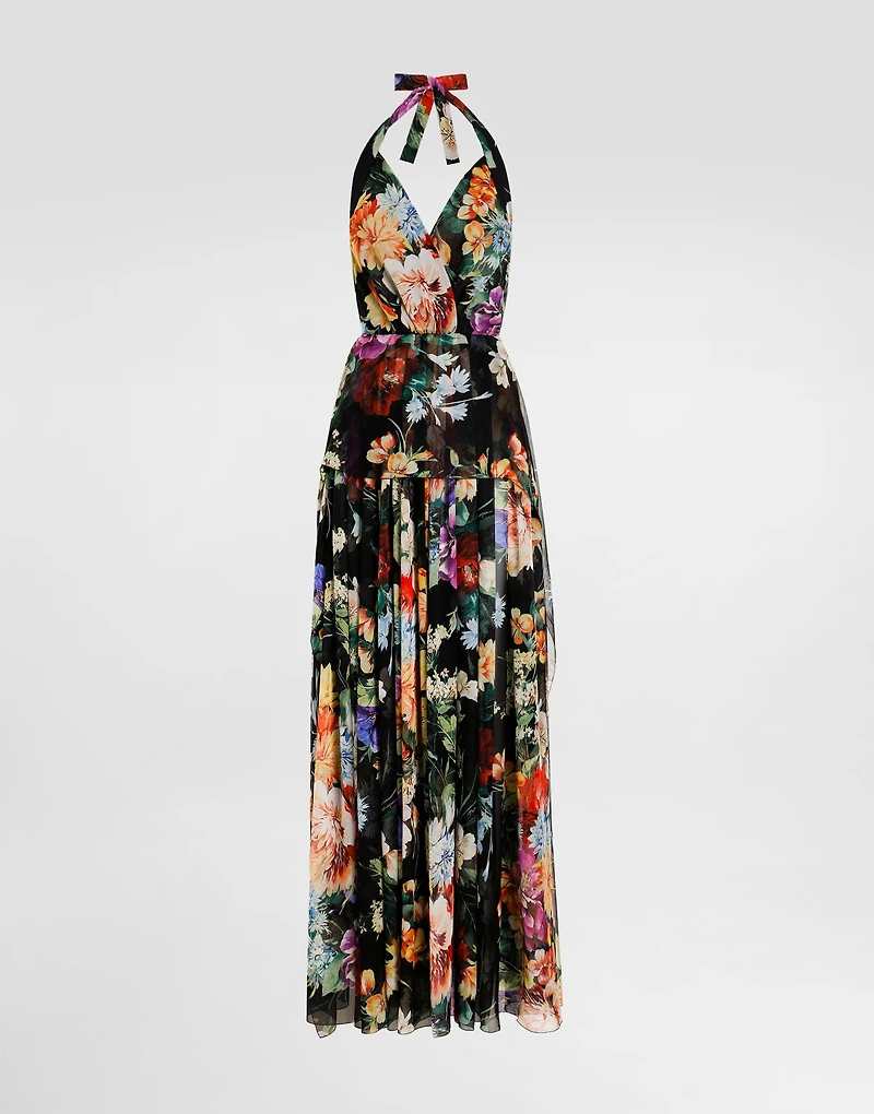 Flower bouquet-print long chiffon dress