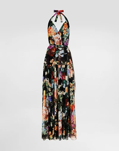 Flower bouquet-print long chiffon dress