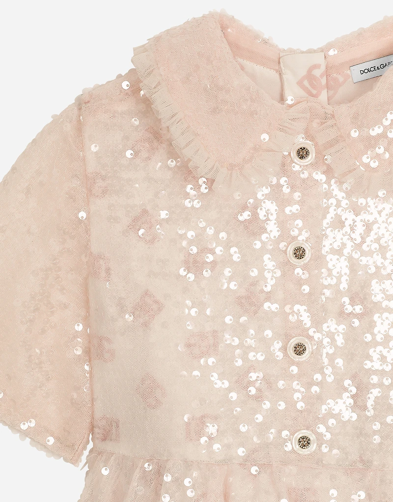 Sequined dress with branded buttons