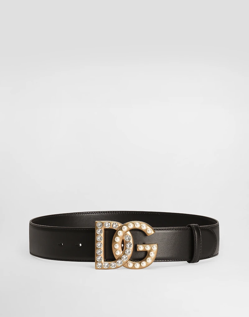 Calfskin belt with bejeweled DG logo