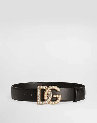 Calfskin belt with bejeweled DG logo