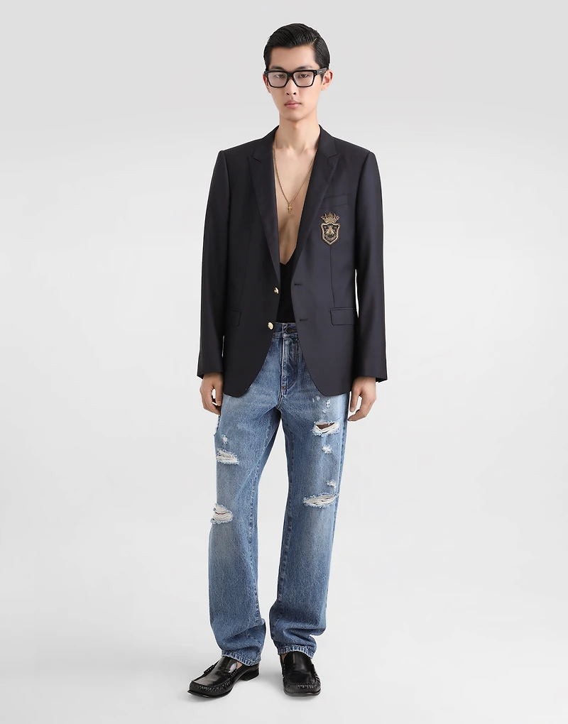 Single-breasted wool and silk jacket with patch