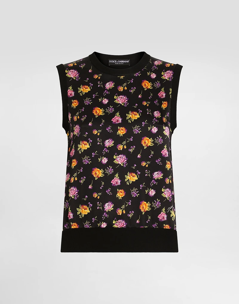 Small rose bouquets-print silk tank top
