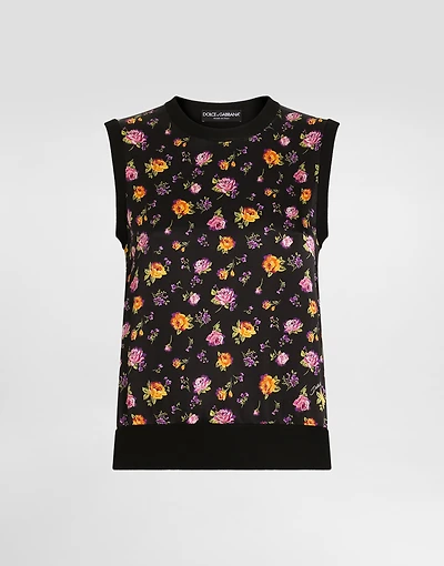 Small rose bouquets-print silk tank top