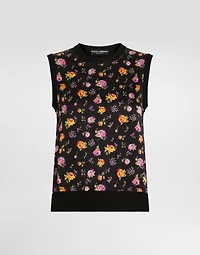 Small rose bouquets-print silk tank top