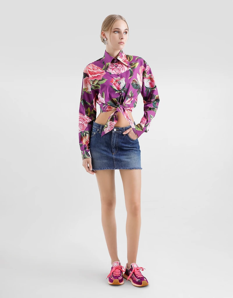 Cotton pussy-bow shirt with rose print