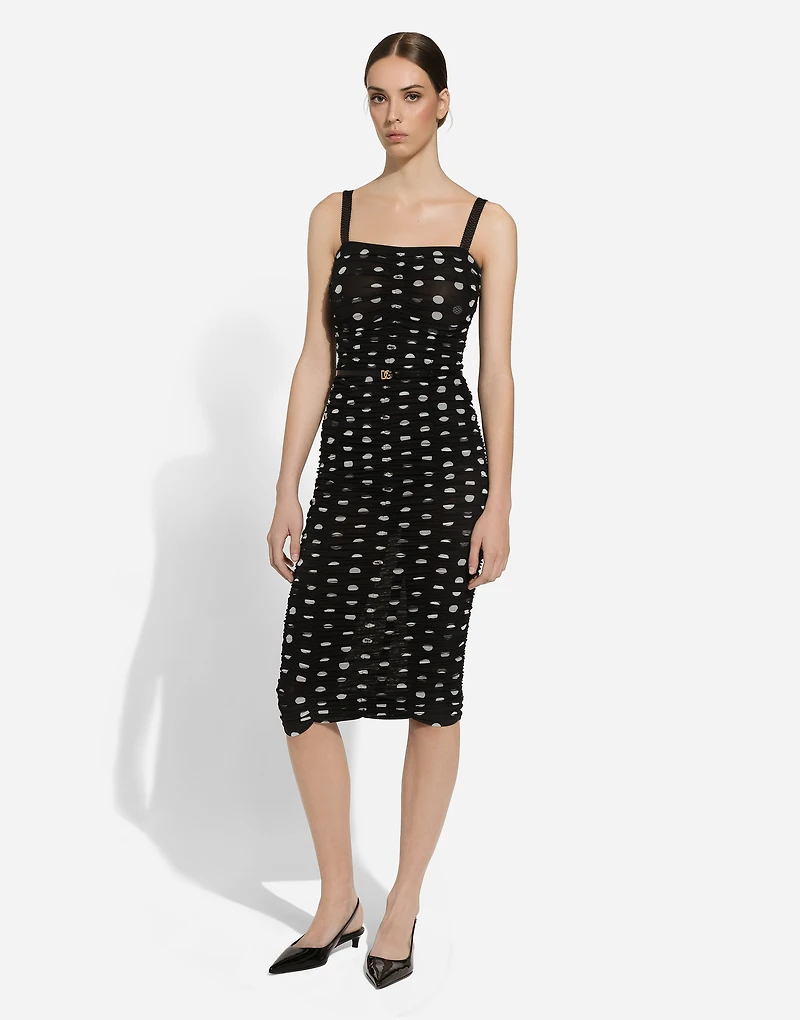 Tulle calf-length sheath dress with draping and polka-dot print