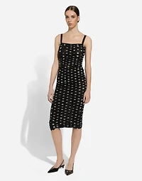 Tulle calf-length sheath dress with draping and polka-dot print