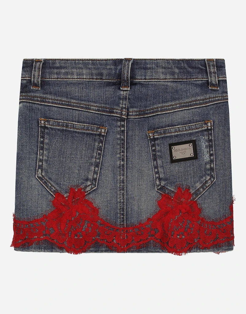 Short denim skirt with lace insert