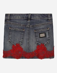 Short denim skirt with lace insert