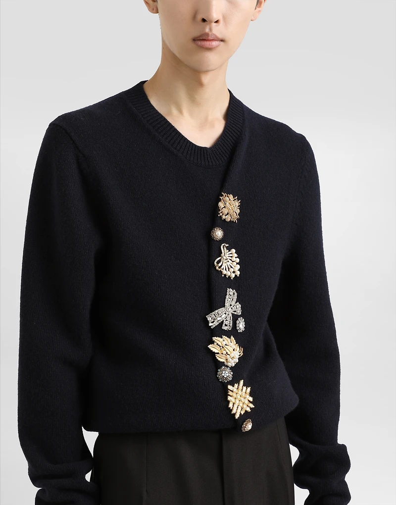 Wool round-neck sweater with bejeweled buttons