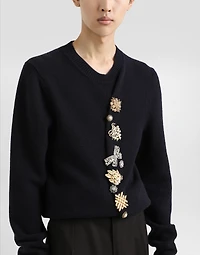 Wool round-neck sweater with bejeweled buttons