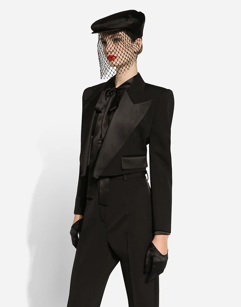 Short wool gabardine tuxedo jacket