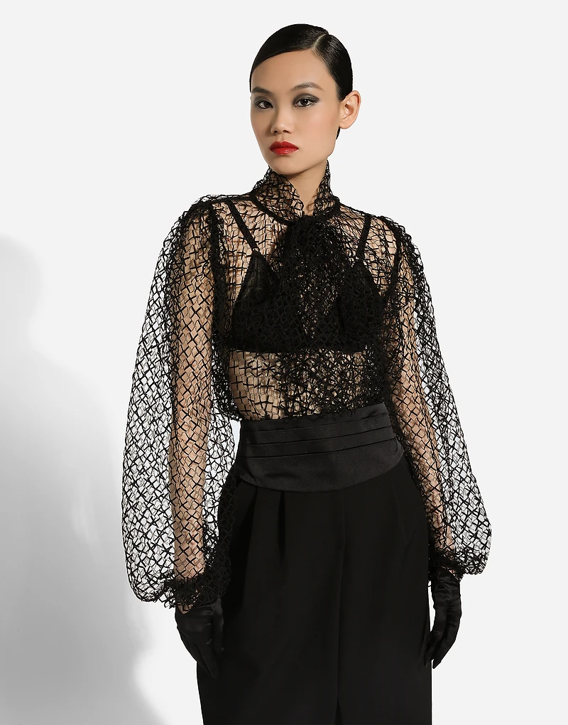Mesh pussy-bow blouse
