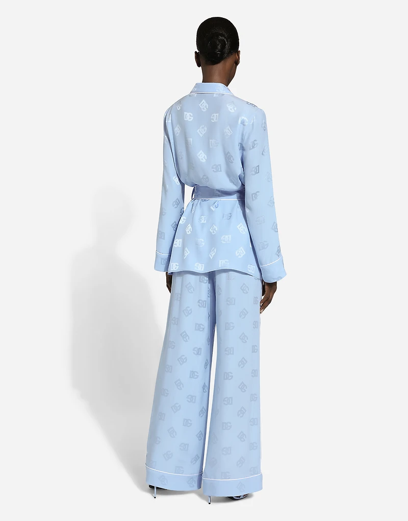 Long-sleeved silk satin jacquard pajama shirt with DG logo