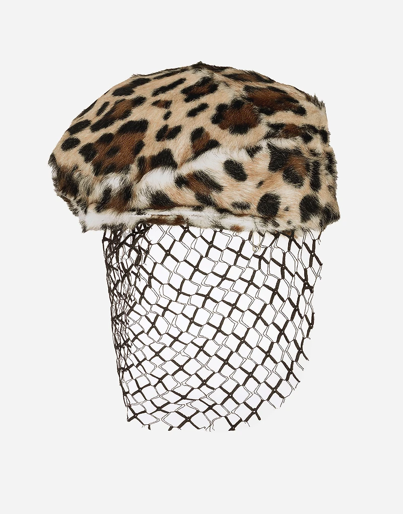 Leopard-print goatskin flat cap with veil