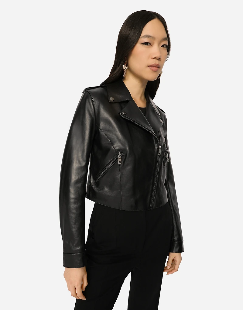 Leather biker jacket with tab details