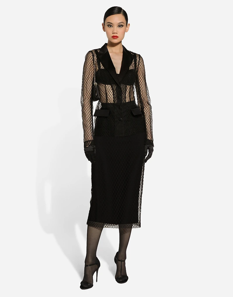 Mesh calf-length pencil skirt
