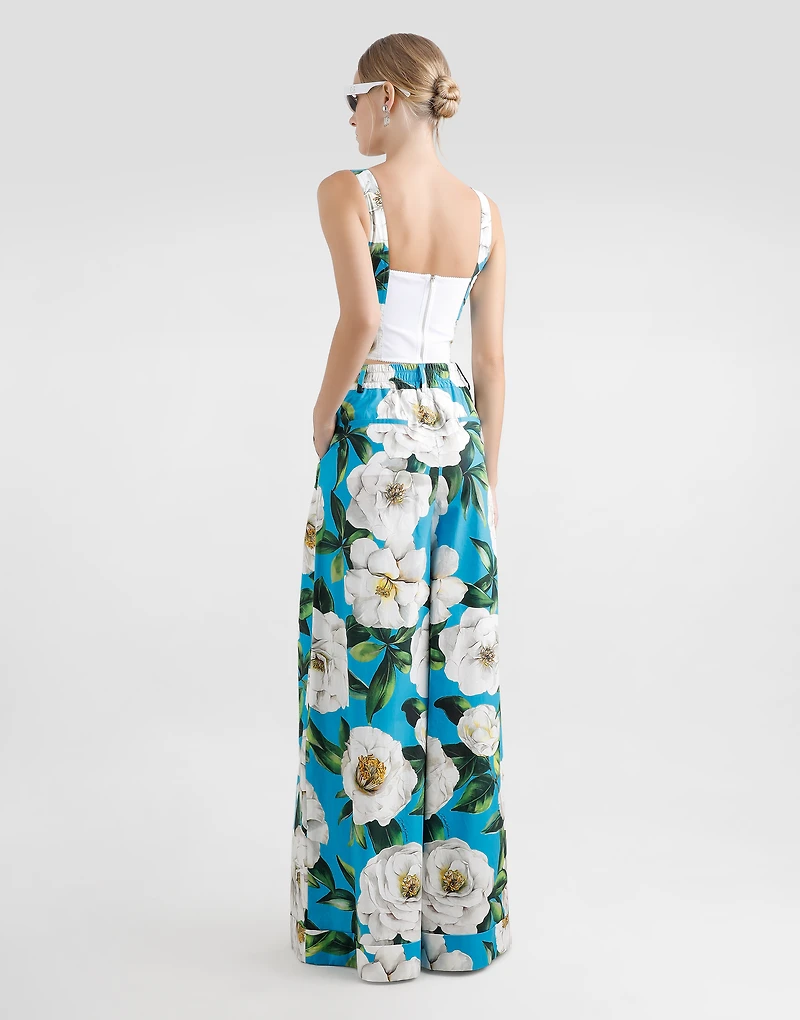 Cotton palazzo pants with gardenia print