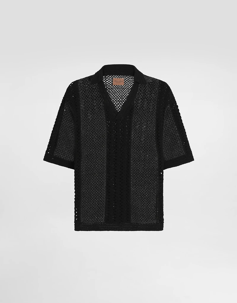 Short-sleeved cotton crochet polo-shirt