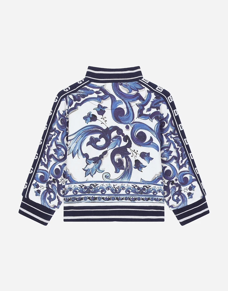 Zip-up jersey sweatshirt with majolica print