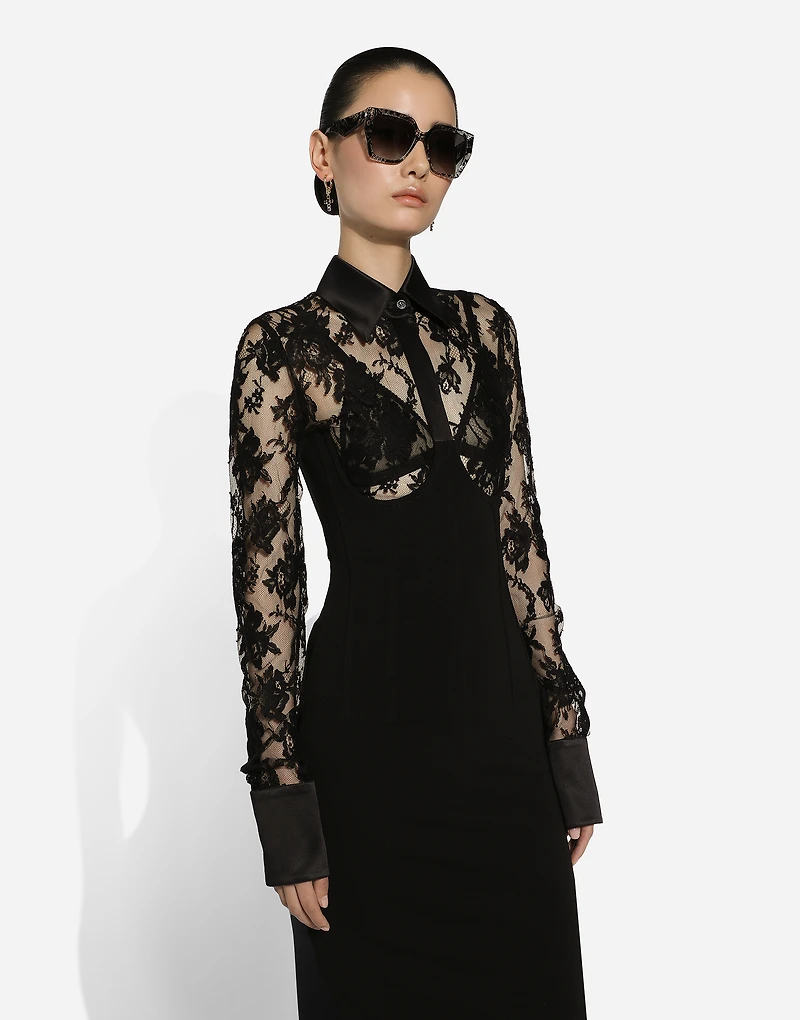 Calf-length jersey and lace dress with corset details