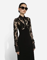 Calf-length jersey and lace dress with corset details