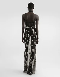 Long dress in tulle embroidered with rhinestones