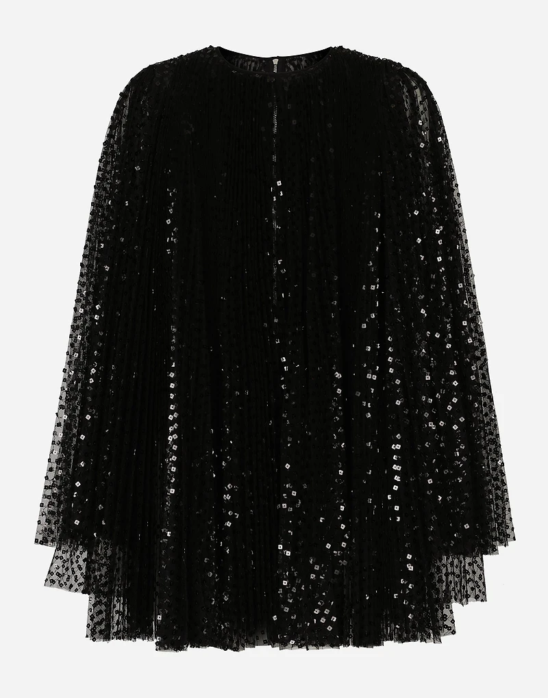 Short pleated dress with full sequined sleeves
