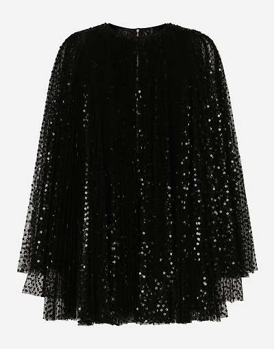 Short pleated dress with full sequined sleeves