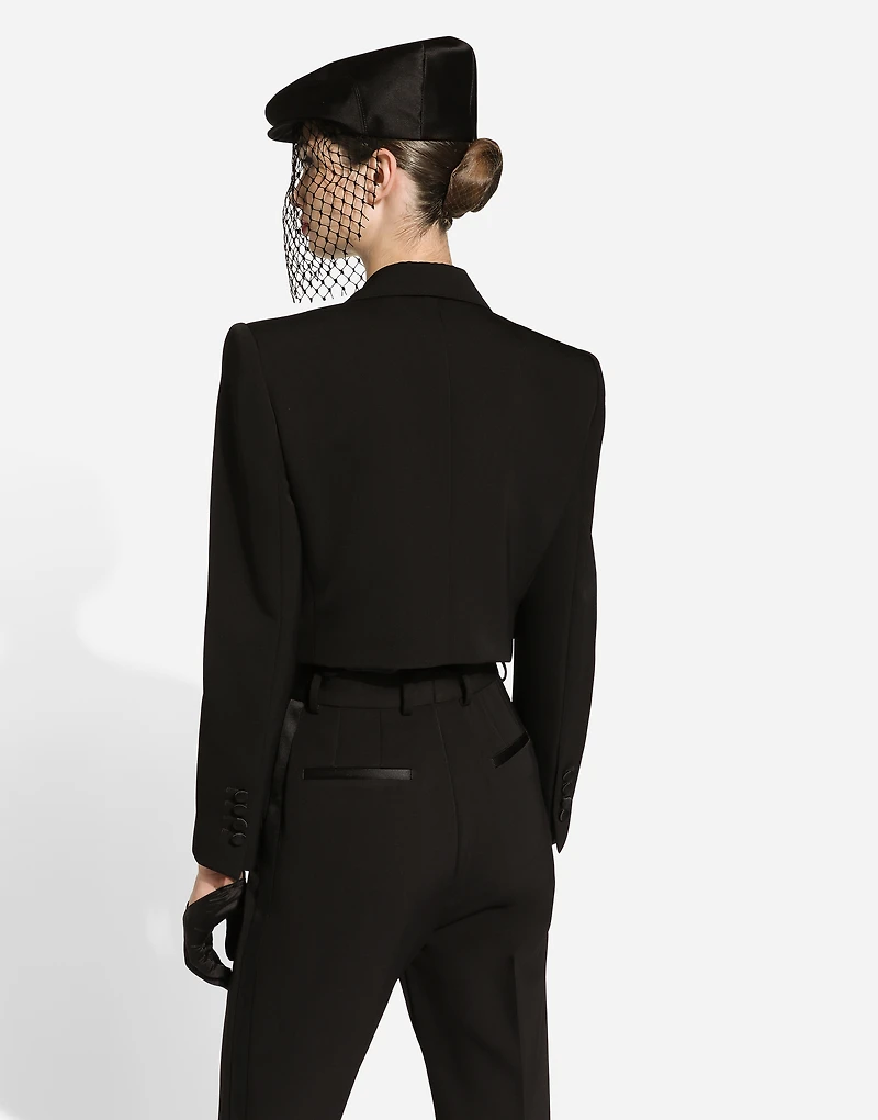 Short wool gabardine tuxedo jacket